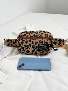 灯芯绒豹纹面料时尚百搭运动休闲男士胸包、简约智能手机袋和零钱包 - 卡其色 - 查看 5
