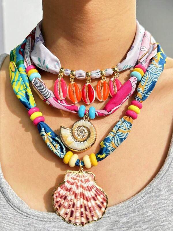 Bohemian Colorful Bandana Necklace Colorful Resin Conch Natural Shell Pendant Silk Carf Necklace Fashion Retro Beach Jewelry Holiday Jewelry For Women