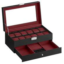 Watch Box, Watch Case With Glass Lid, 2-Tier Watch Display Case For 12 Watches, Lockable, 1 Drawer, For Rings, Bracelets, Gift Idea, Black Synthetic Leather, Wine Red Lining Back To School Dormitory Storage - Black + Wine Red - View 5