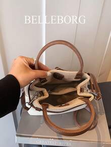 BELLEBORG 女款高級休閒拼色通勤復古帆布扣環百搭小方包手提包 - 咖啡 - 查看 10