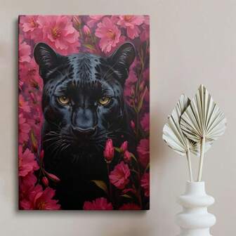 1 Pc Canvas Painting,Panther, Flowers, Canvas, Vase, Leaves,Wood Framed Painting (1) Thickness 2.5 Cm/ 1 Inch-Home Decoration For All Occasions,Ideal New Year, Valentine's Day,Thanksgiving,Easter,Christmas Gift,Room Decoration Aesthetic,Wall Decoration Art,Perfect Gift,Autumn And Winter Wall Decoration,Living Room Decoration, Bedroom Decoration, Kitchen Decoration, Entry Decoration, Bathroom Decoration, Direct Wall Painting, High Quality Wall Painting Poster,Modern Home Decoration Stretched And Framed Ready To Hang