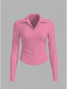 Ropa deportiva para mujer, top de manga larga con cuello polo y escote en V, de ajuste ceñido, adecuado para ocio al aire libre, correr, deportes, yoga y ejercicio, color rosa primaveral - Rosa - Ver 2