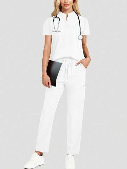 Women's Surgical Gown Navy Blue Suit, Breathable High Quality Fabric, Sports Nursing Work Clothes, With Pockets, Multi-Pocket Design, Trouser Hem Slits, Wholesale Fashion Surgical Gown Suit Dental Hospital Uniform Suit Solid Color Surgical Gown Suit Women's Jogging Pants Suit Laboratory Hospital Pet Care