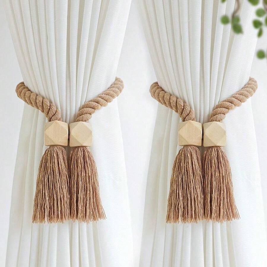 1/2pcs Wooden Tassel Magnetic Curtain Tie Backs - Minimalist Curtain Rings, Suitable For Bedroom, Living Room, Kitchen. Strong Magnets And Easy To Use, Perfect For Home Decorators, Renters, Minimalists. Ideal Housewarming, Christmas, Birthday Gift. - Multicolor - View 1