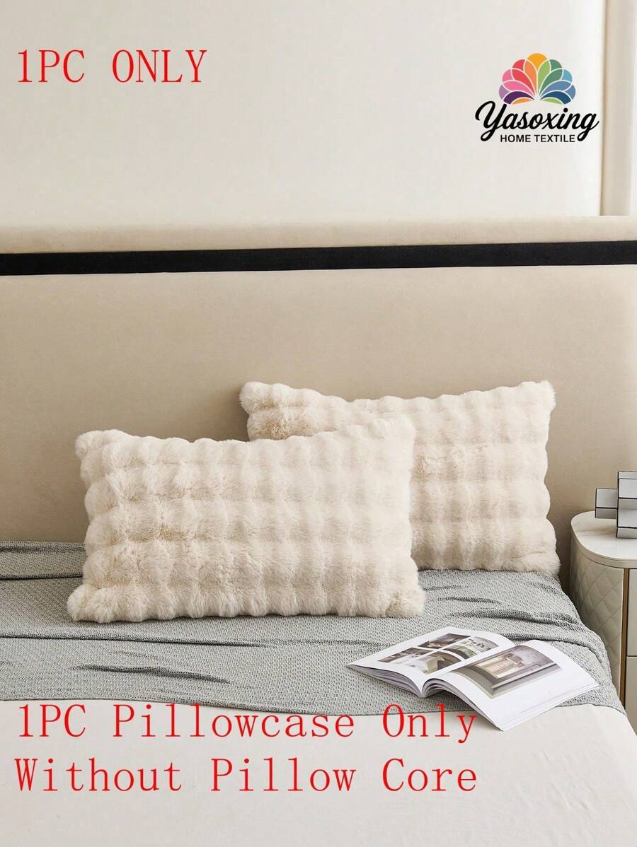 1pc Khaki Faux Rabbit Fur Pillowcase Cushion Cover Without Filler, Decorative Modern Flannelette Fuzzy Plush Throw Pillow Cover Zipper Closure For Bedding ,Home, For Sofa, Living Room - Beige - View 1