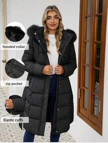 Risissida 女式休闲连帽夹克，带口袋，轻质人造毛皮衬里绗缝风衣，秋季日常穿着冬季外套 - 黑色 - 查看 2