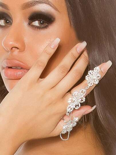 1 pezzo Nuovo anello a tutto dito a forma di fiore con strass, gioiello da donna alla moda di stile di strada all'estero con decorazione scintillante in strass