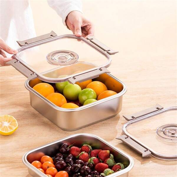 1 pieza Caja de almacenamiento de alimentos de acero inoxidable con tapa para uso doméstico; para refrigerador, carne congelada, a prueba de polvo, caja de almacenamiento para adultos para almacenamiento en frío, suministros de almacenamiento para picnic.