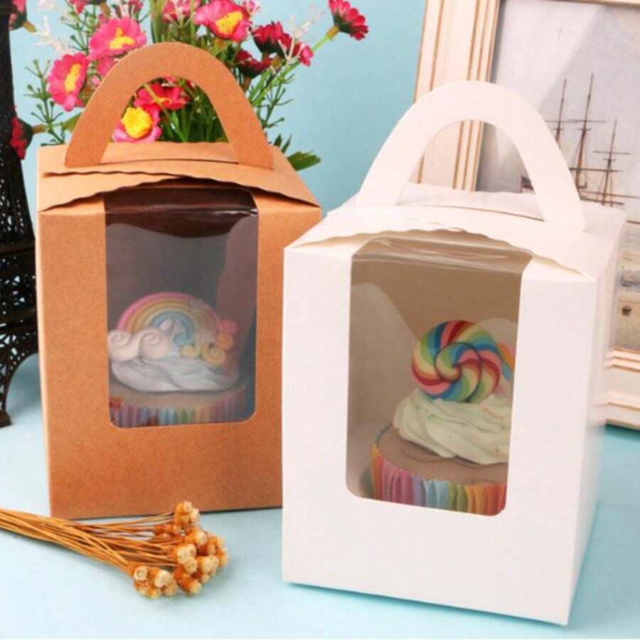 10/20/50 Pcs Single White Cupcake Boxes With Insert, Handle And Window, 1 Holder Kraft Paper Cupcake Container, Cupcake Holder, Bakery Pastry Container For Muffin - Multicolor - View 1
