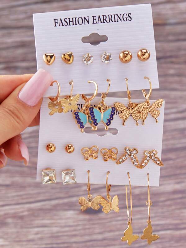 24pcs Vintage Elegant Oil Drop Butterfly, Heart & Round Rhinestone Earring Set For Women, Everyday Wear