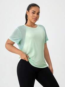 Plus Size Sporty Casual Yoga Patchwork Short Sleeve T-Shirt Summer Sports - Green - View 6