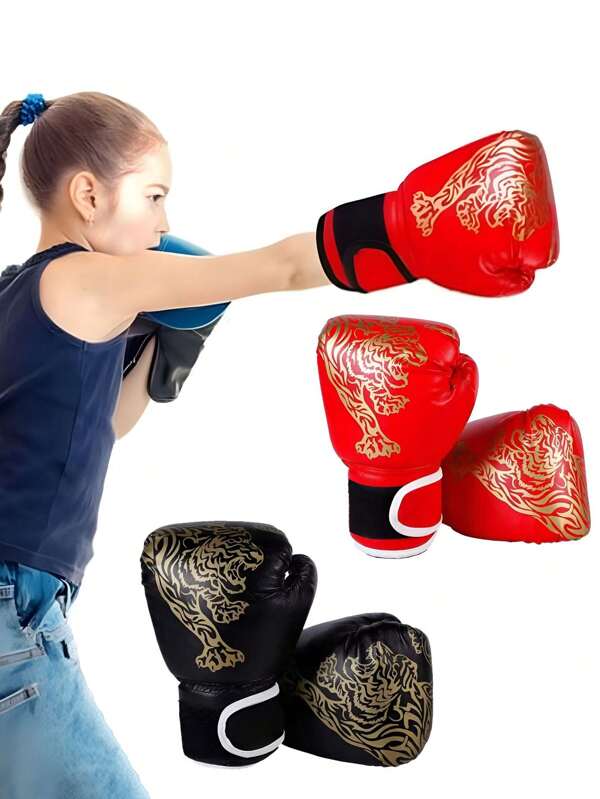 1 par de guantes de boxeo de artes marciales - Cierre ajustable de gancho y bucle, piel sintética transpirable para entrenamiento en interiores/exteriores, equipo deportivo para jóvenes, diseño de guante elegante, material de guante duradero