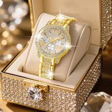 Set ceas de damă, ceas elegant cu cuarț și set de bijuterii, ceas la modă cu cadran rotund, colier cu strasuri, cercei, inel, brățară, potrivit pentru purtare zilnică, cadou de ziua de naștere, petrecere, reuniune de sărbători, de asemenea, un cadou ideal pentru tine sau pentru prieteni. Nu include cutie cadou. - Aur - Vizualizare 4