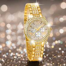 Set ceas de damă, ceas elegant cu cuarț și set de bijuterii, ceas la modă cu cadran rotund, colier cu strasuri, cercei, inel, brățară, potrivit pentru purtare zilnică, cadou de ziua de naștere, petrecere, reuniune de sărbători, de asemenea, un cadou ideal pentru tine sau pentru prieteni. Nu include cutie cadou. - Aur - Vizualizare 7