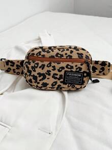灯芯绒豹纹面料时尚百搭运动休闲男士胸包、简约智能手机袋和零钱包 - 卡其色 - 查看 4