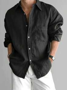 Áo sơ mi rộng rãi, dáng suông, túi trước, đường may mềm mại, phong cách đại học, thời trang thường ngày mới nhất năm 2025 dành cho nam, thích hợp mặc hàng ngày, đi nghỉ, ngày lễ và nhiều dịp khác nhau, mùa thu - Đen và trắng - Xem 2
