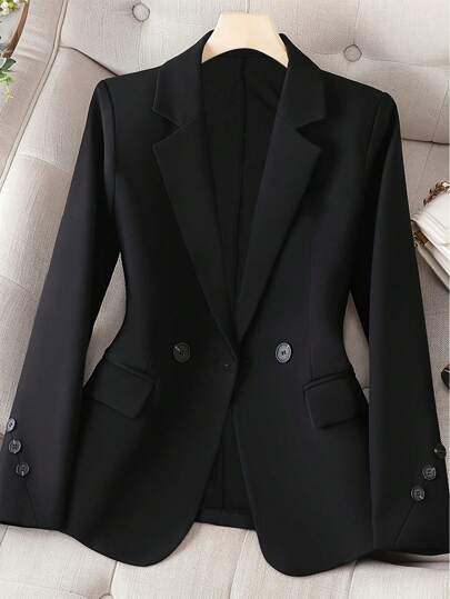 1pc Women's Solid Color Woven Fabric Pocket Button Double-Breasted Casual Office Jacket, Autumn