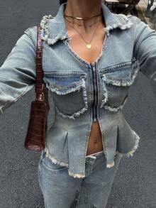 Siren Gaze 女士休闲磨边牛仔夹克，春秋 - 藍色 - 查看 5