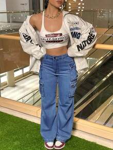 Women's Fashionable And Casual Loose Straight Leg Workwear Jeans, Paired With Multiple Pocket Decorations, Mid Waist Non Elastic, Suitable For All Seasons, Minimalist Women's Clothing, Suitable For Parties, Banquets/Dances, Parties, Birthday Parties, Cocktail Parties, Nightclubs, Nightclubs, Concerts, Music Festivals,Pantalón Jean Mujer,Women Clothes,Jeans Para Mujer,Pantalones De Mujer Jean,Ropa De Mujer,Tall Jeans Women,Y2k Clothes,Going Out Outfits,Holiday Outfits For Women,Vacation Outfits Women,Club Outfits For Women,New Years Outfit Women,Holiday Outfits For Women - 深色水洗藍 - 查看 3