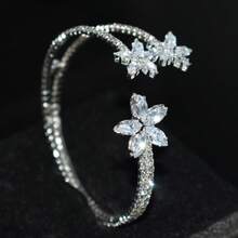 1 chiếc vòng tay hở nhiều lớp đính đá Cubic Zirconia họa tiết hoa thời trang, thích hợp cho phụ nữ đeo hàng ngày - Bạc - Xem 1