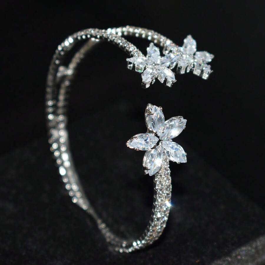 1 chiếc vòng tay hở nhiều lớp đính đá Cubic Zirconia họa tiết hoa thời trang, thích hợp cho phụ nữ đeo hàng ngày - Bạc - Xem 1