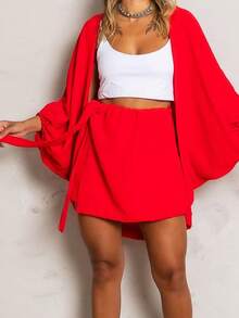 Kimono Set Shorts Skirt + Kimono Women's Blogger Max Shirt Cardigan - 紅色 - 查看 6