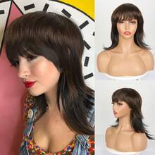 Modern Short Shaggy Wig For Women - 80s Pixie Cut Wig With Bangs - Synthetic Natural Fake Blonde Hair Replacement Wigs - 14inch Mullet Haircut - 棕色 - 查看 3