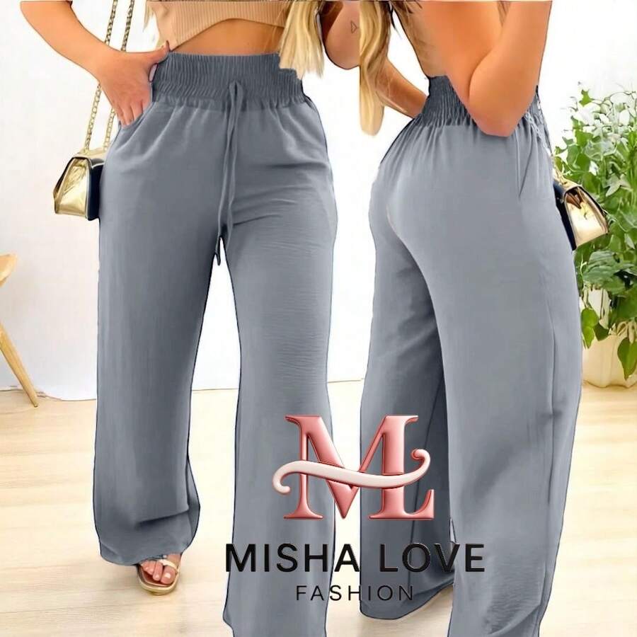 Women's High Waist Wide Leg Pants With Pocket - 灰色 - 查看 1