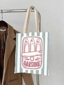 Bộ 1 túi tote, túi xách và túi đựng mỹ phẩm tái sử dụng dành cho nữ - Túi mua sắm bằng polyester in hình hộp cá mòi sọc hồng và xanh lá cây tối giản, thiết kế quai đeo vai cố định, phù hợp cho đi biển, dã ngoại, mua sắm và đựng thực phẩm. - Nhiều màu - Xem 7