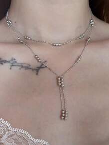 小众设计金属球吊坠项链，个性欧美风双层简约锁骨链女款 - 銀色 - 查看 3