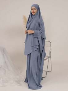 2 Stück einfarbiges Khimar + Abaya Set, locker & bequem mit Krawatte, Abaya mit Reißverschluss vorne, Manschetten, passend für alle, Länge 143cm, geeignet für täglichen Gebrauch, Gebet und Ausgehen von Frauen