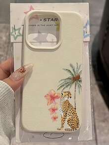 1pc White Tropical Leopard & Palm Tree Pattern Full Coverage TPU Shockproof Phone Case Compatible With IPhone 16, 15, 14, 13, 12, 11 Pro Max - Multicolor - View 3