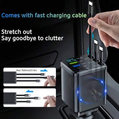 YITUMU 66W Car Charger With 3 Retractable Cables, 2 USB Ports, 2 PD Ports, 180° Adjustable Design, Real-Time Voltage Display, Compatible With IPhone 16/15/14 Pro Max, Android Phones, Galaxy Series, Pixel Series, Tablets, And 12-24V Car Cigarette Lighter Adapter