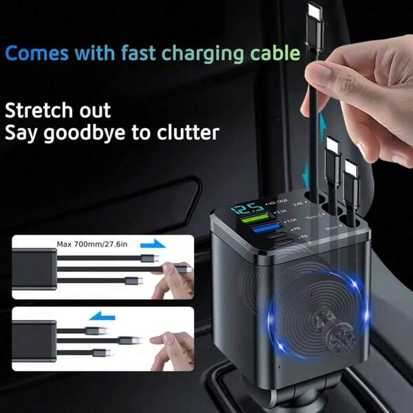 YITUMU 120W Fast Car Charger With 3 Retractable Cables, 2 USB & 2 PD Ports, 180° Adjustable Design, Real-Time Voltage Display, Compatible With IPhone 16/15/14 Pro Max, Android Phones, Galaxy Series, Pixel, Tablets, 12-24V Car Cigarette Lighter Adapter