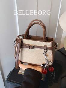 Casual Contrast Color Texture Versatile Commute Retro Leather Buckle Small Handbag With Pendant For Women - Coffee - View 5