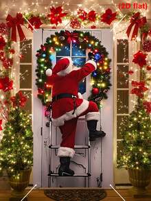 1pc Santa Claus Climbing Ladder Style Christmas Door Flag, Christmas Decor Door Banner, Xmas Door Porch Sign Flag Door Cover Curtain, 2025 Christmas Decorations For Home, Winter Holiday Christmas Party Background Wall Decoration Supplies, Home Decor - Santa Claus Ladder - View 1