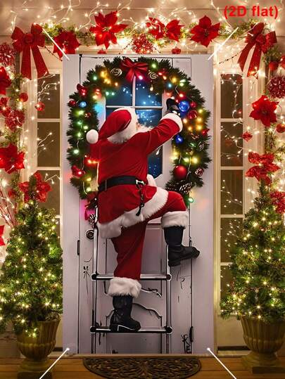 1pc Santa Claus Climbing Ladder Style Christmas Door Flag, Christmas Decor Door Banner, Xmas Door Porch Sign Flag Door Cover Curtain, 2025 Christmas Decorations For Home, Winter Holiday Christmas Party Background Wall Decoration Supplies, Home Decor