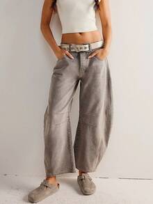 女士春夏休闲老款阔腿牛仔裤宽松长裤 - 棕色 - 查看 5