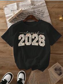 Flowers Class Of 2026 Graphic Print Women's T-Shirt Short Sleeve Round Neck Casual Top For Summer And Spring Ladies - Black - View 2