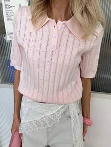 Women's Summer Knit Tops Short Sleeve Turn Down Collar Solid Color Cutout T-Shirt