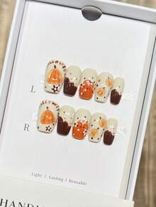 10 piezas de uñas cuadradas cortas hechas a mano, uñas postizas cortas, uñas postizas cuadradas con diseños de calabazas talladas en 3D pintadas a mano para Halloween, uñas de Halloween de alta calidad, uñas postizas de cobertura completa, uñas Y2K, uñas en relieve, uñas falsas creativas y únicas, suministros para uñas