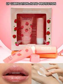 مجموعة العناية بالجسم المكونة من قطعتين، تشمل كريم اليد ذو رائحة الفراولة وبلسم الشفاه، لإصلاح البشرة الجافة والمتشققة وتغذيتها، مجموعة مكونة من كريم اليد المرطب وبلسم الشفاه، مناسبة لجميع الفصول - متعدد الألوان - مشاهدة 3
