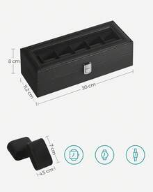 Watch Box With 6 Slots, Watch Case With Glass Lid, Watch Display Box With Removable Watch Pillows, Metal Clasp, Gift Idea, Black Synthetic Leather, Black Lining - Black - View 5