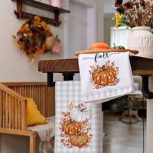 2pcs Thanksgiving Autumn Pumpkin Print Kitchen Towels, Soft And Absorbent, Reusable And Washable, Home Cleaning Essential, Kitchen Accessories, Holiday Gift For Friends - Grey - View 3