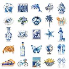 50pcs Ocean Theme Stickers, Blue Aesthetic Sticker Set, Watercolor Beach Holiday Stickers, Azure Blue Stickers, Fashionable INS Stickers, Waterproof Vinyl Stickers Suitable For Laptop, Bumper, Skateboard, Water Bottle, Computer, Phone - B - View 4