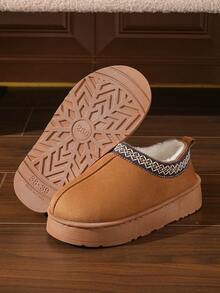 Winter Bestseller Lace Trim Slip-On Slippers For Women & Couples, Warm Snow Boots With Anti-Slip Thick Soles, Simple Retro Indoor/Outdoor Wear