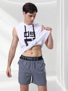 Men's Letter Print Casual Comfortable Sleeveless Hooded Gym Fitness Basketball Running Sport Tank Top, Stretchy Activewear For Spring/Summer - White - View 3