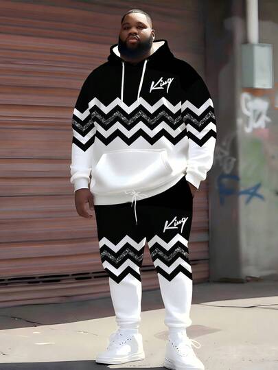 KING 字母黑白锯齿连帽衫套装，加大码男式反光条纹运动两件套