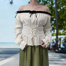 Women's Renaissance Costumes Medieval Style Front Strap Long Sleeve Off The Shoulder Pirate Tops - White - View 5