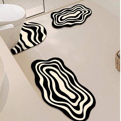1/3件套经典黑白波浪纹家居装饰地垫套装，浴室防滑吸水地毯，硅胶复古图案浴室地垫，U型马桶洗手池吸水脚垫，2.5毫米厚玄关装饰浴室厨房装饰厨房地毯